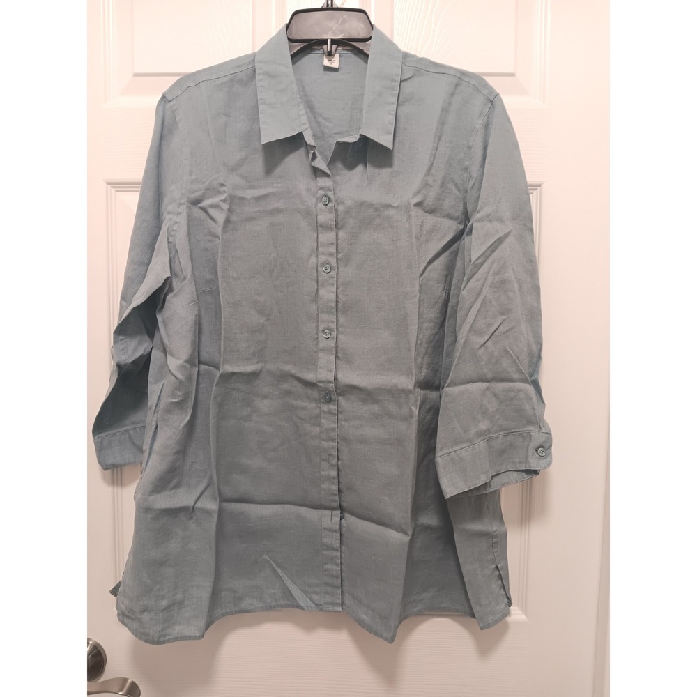 Coldwater Creek Women 1X Linen Button Up Shirt 3/4 Sleeve Dusty Blue Tunic Top